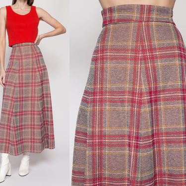 Small 70s Plaid A-Line Maxi Skirt 26" | Vintage Grey Red Knit Long A Line Schoolgirl Hostess Skirt 