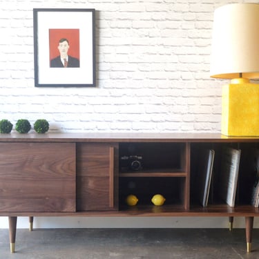 Solid Walnut Media Credenza with Record Storage - In STOCK 