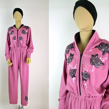 80s Beaded Mauve Dark Pink Jumpsuit / 1980s / Size M/L 