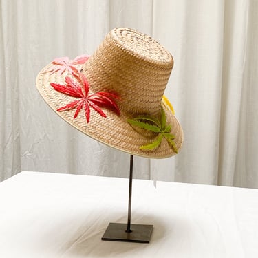 1960s Straw Hat with Colorful Palm Leaf Appliqué 