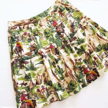 Vintage 90s Esprit Western Cowboy Cactus Print Pleated Mini Skirt S 28 Waist - 1990s Novelty Print Desert Southwest Short Skirt 