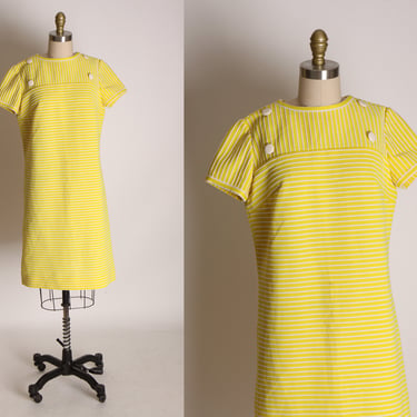 1960s Yellow and White Striped Short Sleeve Shift Dress by Leslie Fay Harzfeld’s -L 