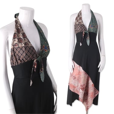70s patchwork kerchief disco halter dress S, vintage 1970s poly print dress, black scarf Studio 54 party dress 2-4 
