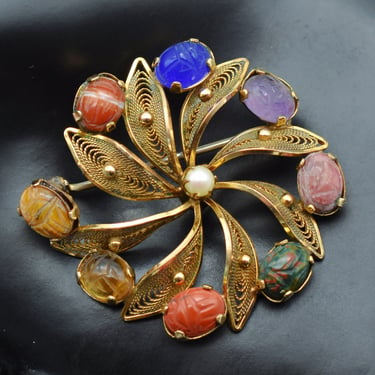 40's Egyptian Revival B-M Co gold filled pinwheel brooch, gemstone scarabs 12k GF filigree flower pin 