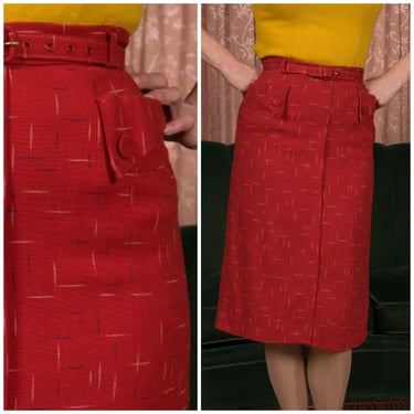 1950s Skirt - Chic Red Straight Skirt with 50s Atomic Fleck in Blue and White with Matching Belt 