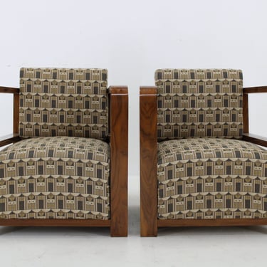 1930s Pair of Rare Refurbished Art Deco Armchairs in Walnut ,Reupholstered in Backhausen Fabric / Mid-century / Vintage Armchair / 