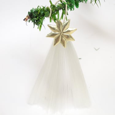 Vintage German Dresden Embossed Gold Star and Spun Glass Christmas Tree Ornament, Antique for Feather Tree 