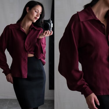 Vintage 80s Claude Montana Aubergine Silk Blouse w/ Scalloped Wave Sleeves | Unworn w/ Tags | Made in Italy | 100% Silk | 1980s Designer Top 