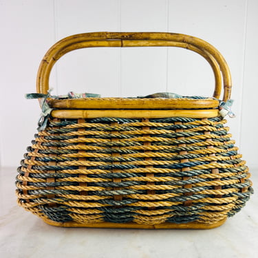 Vintage Coir Picnic Basket, Large Ascot Basketworks Deluxe, Lined, Decorative Basket with Handle, for Sewing, storage, home decor, gift 