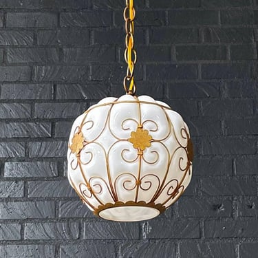 Vintage Pendant Glass & Brass Chandelier by Halcolite, c.1960’s 