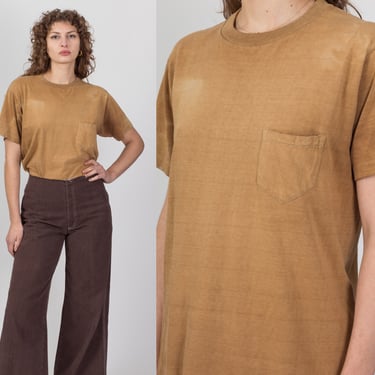 70s Sun Faded Mustard Yellow Pocket Tee - Men's Medium, Women's Large | Vintage Distressed Retro T Shirt 