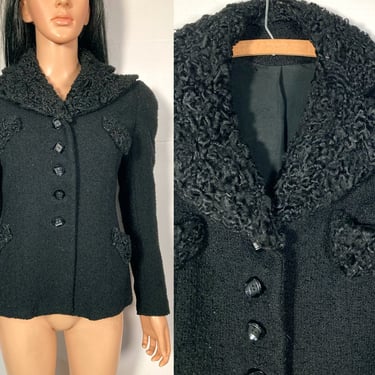 Vintage 40s Black Curly Lamb Tailored Blazer Size XS/S 