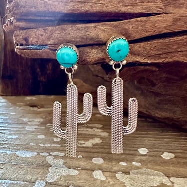 BIG SILVER CACTUS Turquoise Stud Earrings | Sterling Silver Dangle Cacti | Navajo, Native American Handmade | Southwestern Jewelry 