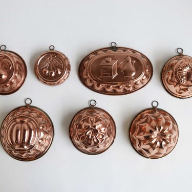 Seven Magnificent Pieces Cake Jelly Pudding Chocolate Molds French 19th Century Country Kitchen Copper ware Wall Hanging Decor Farmhouse 