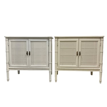 Set of 2 Henry Link Nightstand Chests 30" Tall with Faux Bamboo & Louver Doors - Bali Hai Cabinets Pair / Oversized End Tables Painted White 