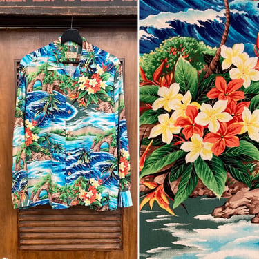 Vintage 1950’s “Pali” Long Sleeve Tiki Tropical Island Rayon Hawaiian Shirt, 50’s Loop Collar Shirt, Vintage Clothing 