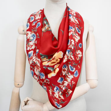 1990s Ralph Lauren Red Floral Silk Scarf 