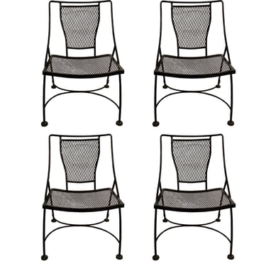 Vintage Set of 4x Black Wrought Iron Salterini / Woodard Style Patio Chairs 