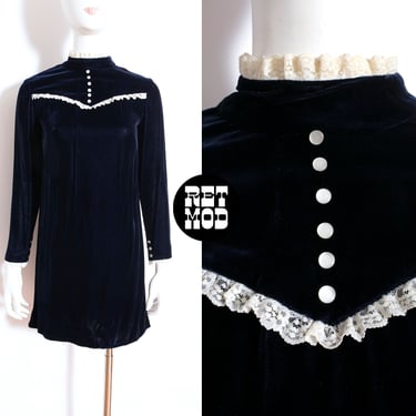 Mod Dream Vintage 60s 70s Dark Blue Velvet Mini Babydoll Dress with Lace Trim 