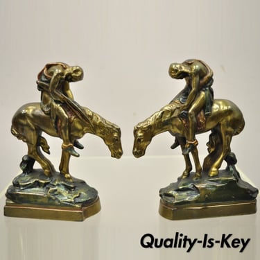 Vintage Bronze Clad 8" End of Trail Indian on Horse Figure Bookends - a Pair