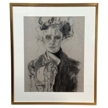 Charcoal Portrait Drawing of a Woman in Period Outfit
