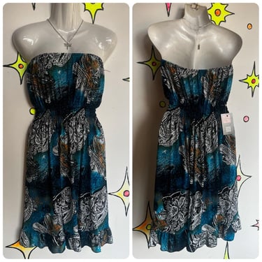 Vintage 90s Y2K | Blue Fairycore Empire Waist Tattoo Print Grunge Midi Dress 