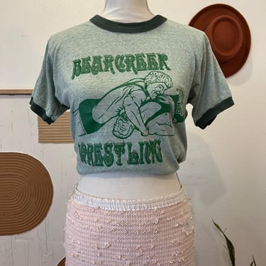 Vintage 80s USA Made Green Soft Cotton Bearcreek Wrestling Graphic Tee - M 