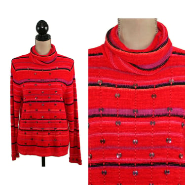 90s Chenille Turtleneck Tunic, Striped Knit Sweater, Embellished Red Loose Fit, 1990s Clothes Women, Vintage SIGRID OLSEN Petite Medium 