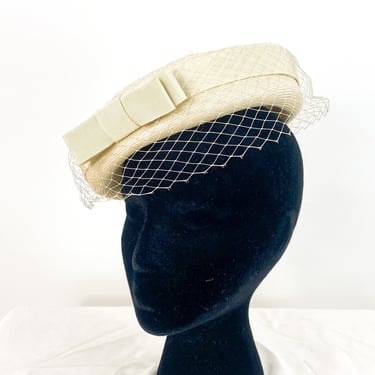 1950s Creme Bow Hat | 50s Off White Woven Hat 