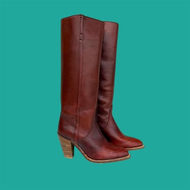 Vintage Frye Boots Retro 1980s Heeled Riding Boots + Style 7110 + Port Red + Size 7 + With Box + Western + Campus + Cowboy + Womens 