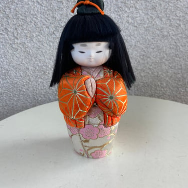 Vintage Japanese Gofun standing art round doll girl with silk kimono brocade fabric long black hair size 8” x 3.5” 