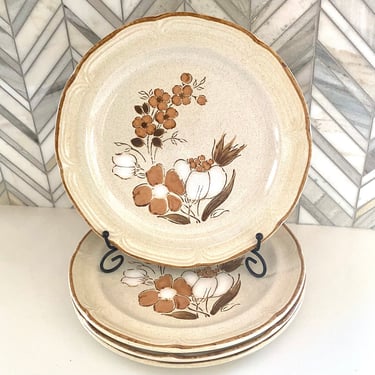 Vintage Hearthside Stoneware Autumn Fair Dinner Plates, Set of 2, Baroque Pattern, Brown Rim, White and Light Brown Flower, Flowers, Retro 