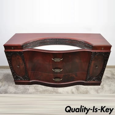 Vtg Chinese Chippendale Flame Mahogany Triple Dresser w/ Bowed Front and Mirror