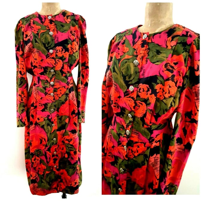 Vintage 80s Floral Modest Dress Size Medium Button Front Secretary Midi Career