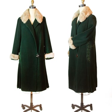 1920a Coat ~ Dark Green Wool Fur Collar Soutache Trimmed Pleated Jacket 
