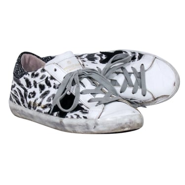Golden Goose - White Leather Sneakers w/ Leopard Print &amp; Glitter Back Detail Sz 8