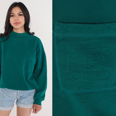 Emerald Green Sweatshirt 80s 90s Mock Neck Pullover Pocket Sweatshirt Retro Slouchy Mockneck Plain Casual Cotton Vintage 1980s Mens Large 