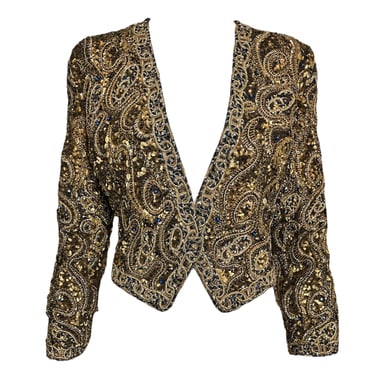 Galanos 80s Brown and Gold Heavily Embellished Spenser Cut Evening Jacket
