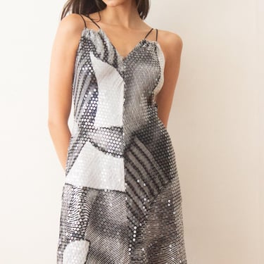 1990s Shelli Segal Black and White Sequined Mini Slip Dress 