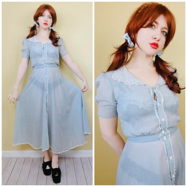 1980s Vintage Gunne Sax Sheer Cotton Baby Blue Shirt Dress / 80s Lace Trim Fit and Flare Swiss Dot Dress  Size Small - Medium 