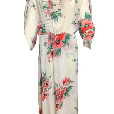 '40s Cream and Coral Pink Blossom Silk Wrap Dress