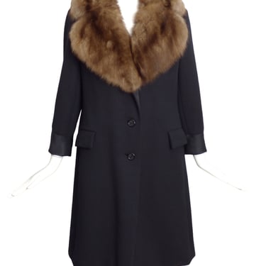 BILL BLASS- 1970s Black Wool & Sable Coat, Size 8