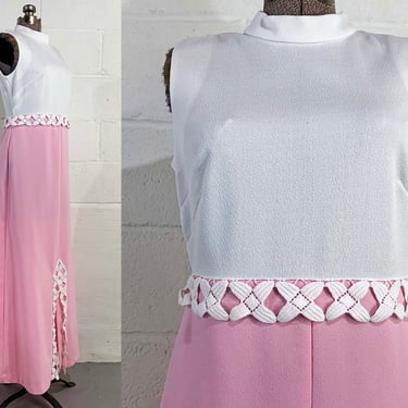 Vintage Pink A-Line Maxi Dress 60s Mod Baby Doll White Trim Lace 1960s Mod Twiggy Megan Draper Sleeveless Prom Wedding Dopamine Medium 