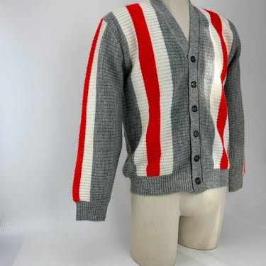 1960's MOD Striped Cardigan - Gray Body with White & Red Stripes - North Wales Sportswear - Orlon Acrylic  - Men's Size Medium 