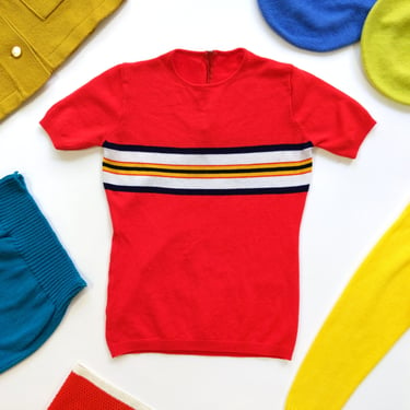 MOD Vintage 60s 70s Bright Red Striped Short Sleeve Knit Top 