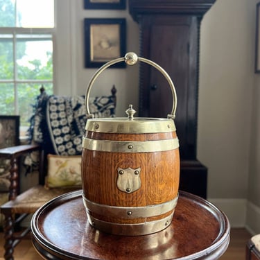 Antique Oak Biscuit Barrel With Silver Crest 