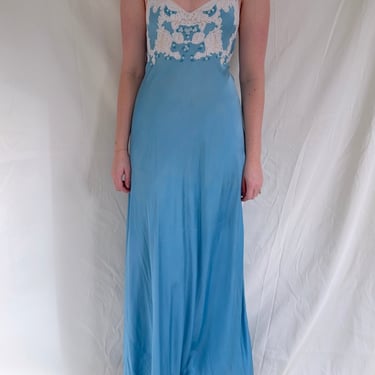 1930's Sky Blue Silk Slip with White Lace