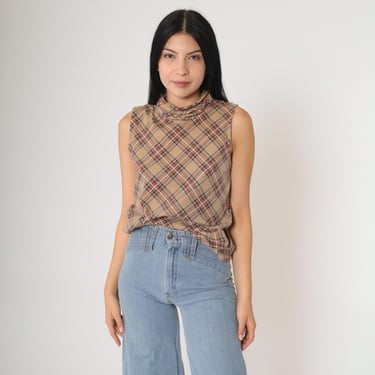 90s Plaid Tank Top Tan Checkered Turtleneck Shirt Sleeveless Grunge Tank Top Tartan Top Vintage Preppy Red Cotton Large L 