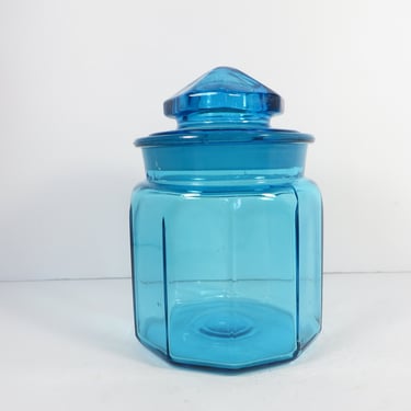 Vintage L. E. Smith Turquoise Panel Glass Canister - L. E. Smith Turquoise Glass Canister 