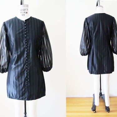 Vintage 60s Black Shift Dress XS S - 1960s Mod Pinstripe Sheer Sleeve Go Go Dress - Megan Mad Men 